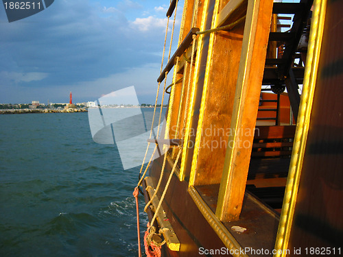 Image of View to the sea and coast from the wooden ship