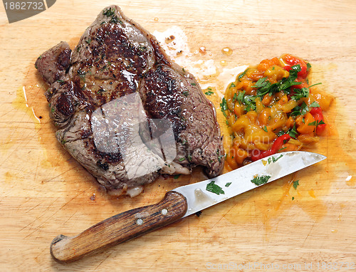 Image of Pan seared steak and pickled peppers