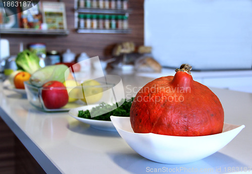Image of Fruit and vegetables in the well designed modern kitchen 