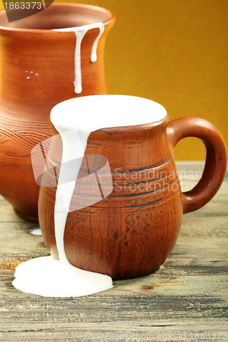 Image of Ceramic mug with cream and clay jug.