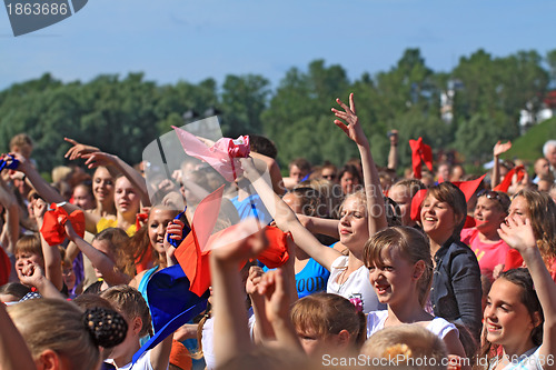 Image of VELIKIJ NOVGOROD, RUSSIA - JUNE 10: Young girls dance on street 