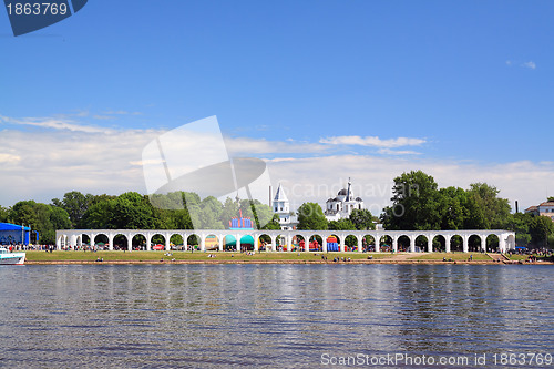 Image of ancient wall on river coast