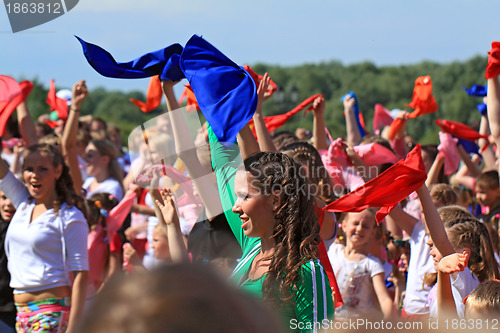 Image of VELIKIJ NOVGOROD, RUSSIA - JUNE 10: Young girls dance on street 