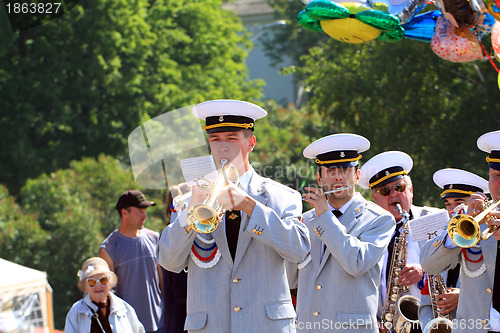 Image of VELIKIJ NOVGOROD, RUSSIA - JUNE 10: military orchestra on street