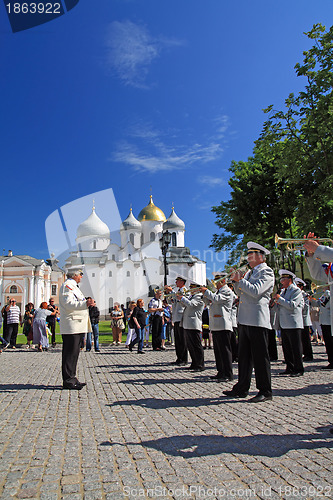 Image of VELIKIJ NOVGOROD, RUSSIA - JUNE 10: military orchestra on street