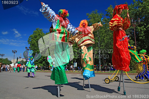 Image of VELIKIJ NOVGOROD, RUSSIA - JUNE 10: clowns on town street at day