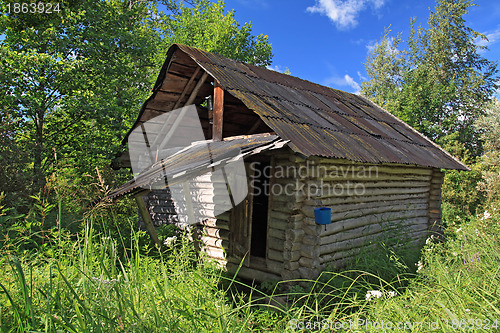 Image of hunter's hut in a green forest