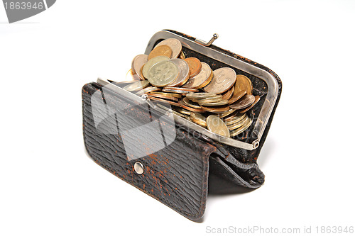 Image of purse with coin on white background