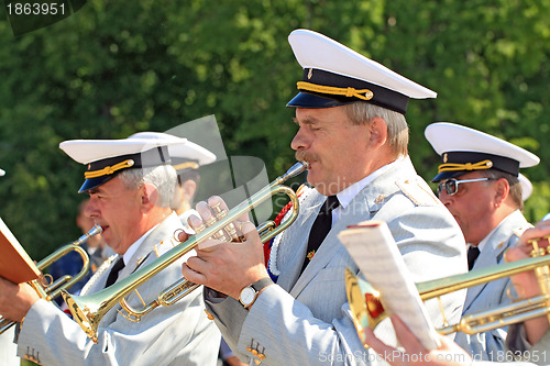 Image of VELIKIJ NOVGOROD, RUSSIA - JUNE 10: military orchestra on street