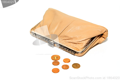 Image of purse with coin on white background