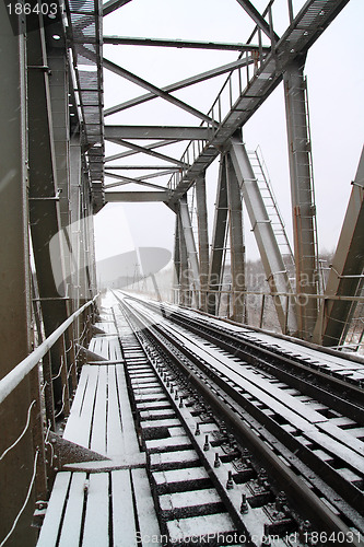 Image of railway bridge through freeze river 