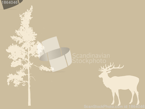Image of deer near pines on brown background