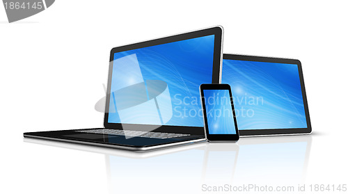 Image of laptop, mobile phone and digital tablet pc computer