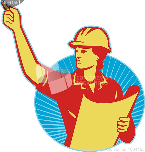 Image of Female Engineer Construction Worker Pointing Retro