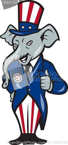 Image of Republican Elephant Mascot Thumbs Up USA Flag