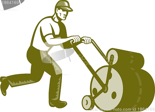 Image of Gardener Landscaper Pushing Lawn Roller Retro