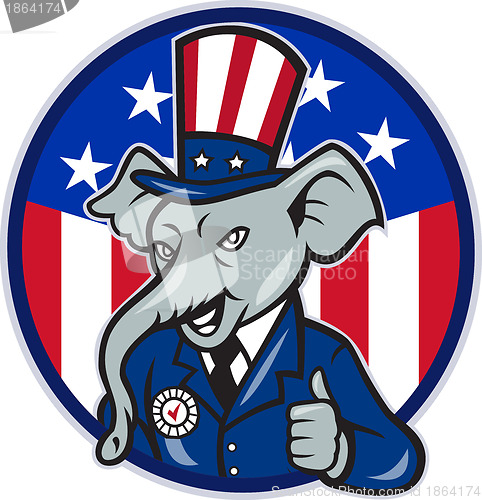 Image of Republican Elephant Mascot Thumbs Up USA Flag