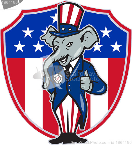 Image of Republican Elephant Mascot Thumbs Up USA Flag