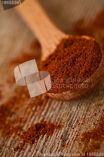 Image of ground red pepper in wooden spoon 