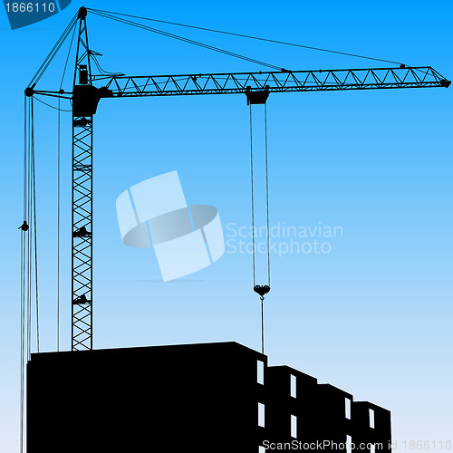 Image of Silhouette of one cranes working on the building on a blue backg