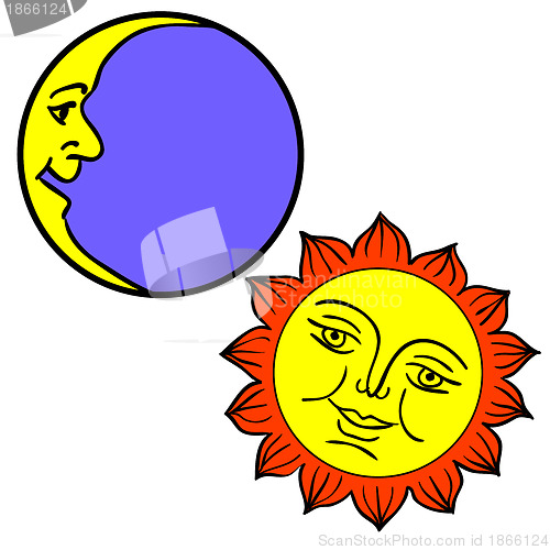 Image of Vector illustration of Moon and Sun with faces 