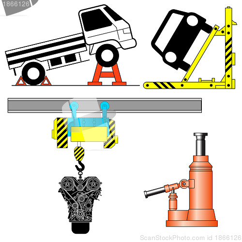 Image of Set device for lifting a car repair. Vector illustration.