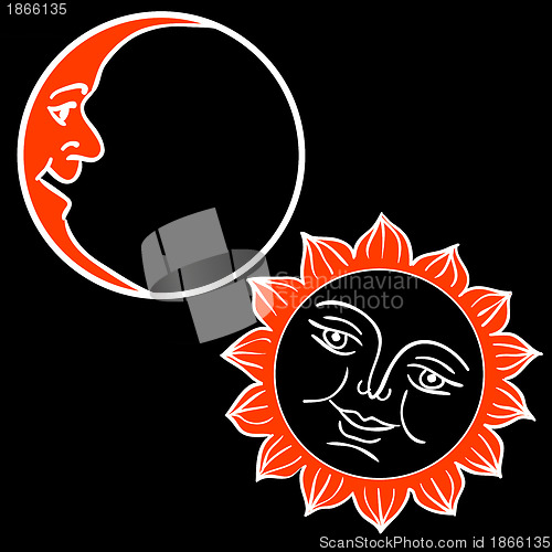 Image of Vector illustration of Moon and Sun with faces 