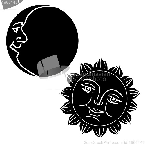 Image of Vector illustration of Moon and Sun with faces 