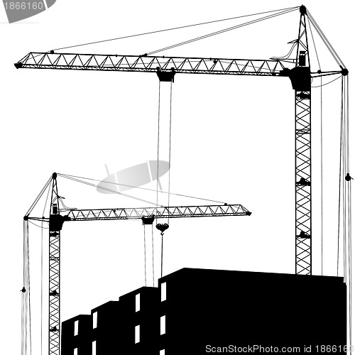 Image of Silhouette of two cranes working on the building