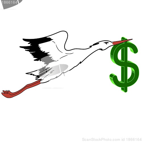 Image of White Stork with in flight the dollar in its beak. 