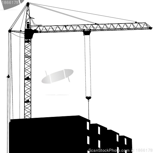 Image of Silhouette of one cranes working on the building on a white back