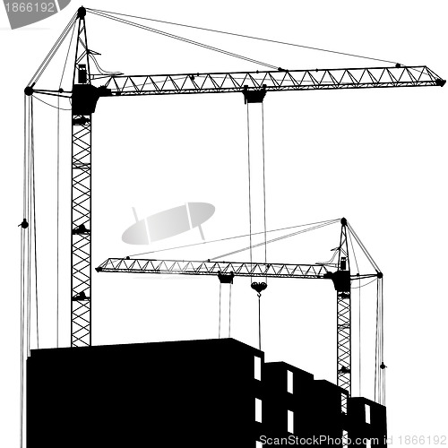 Image of Silhouette of two cranes working on the building