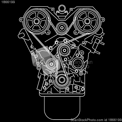 Image of racing engine, front view. 