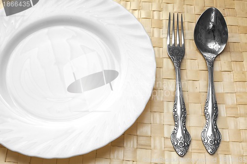 Image of white plate, knife and fork