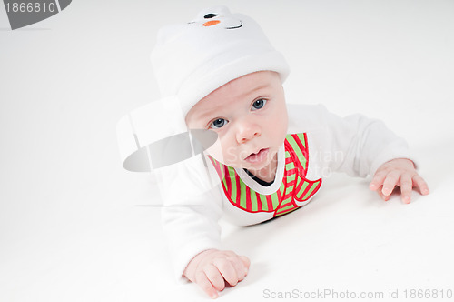 Image of Portrait of baby in snowman costume