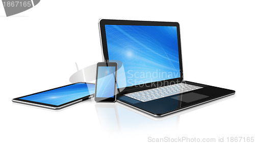 Image of laptop, mobile phone and digital tablet pc computer