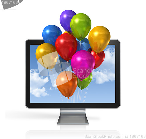 Image of multi colored balloons in a 3D tv screen