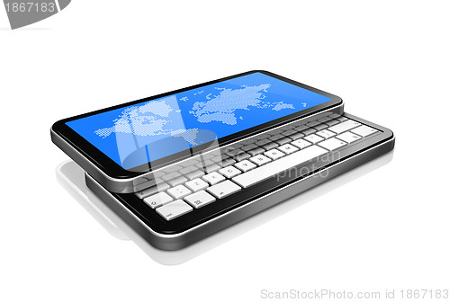 Image of 3D mobile phone, pda isolated on white with worldmap on screen