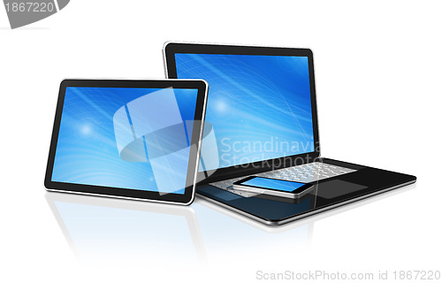 Image of laptop, mobile phone and digital tablet pc computer