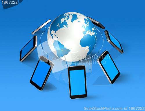 Image of mobile phones around a world globe