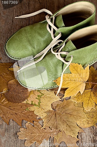 Image of green leather boots and yellow leaves 