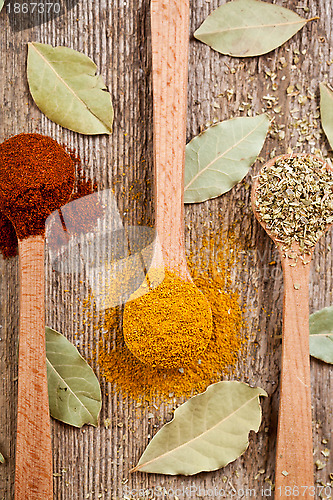 Image of three spices in wooden spoons 