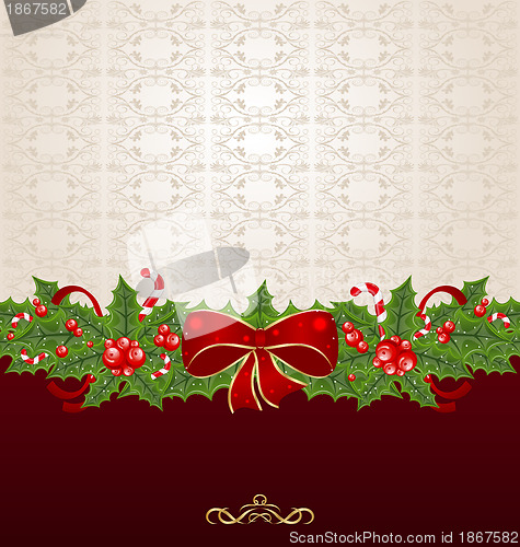 Image of Beautiful Christmas background with mistletoe, bow and pine