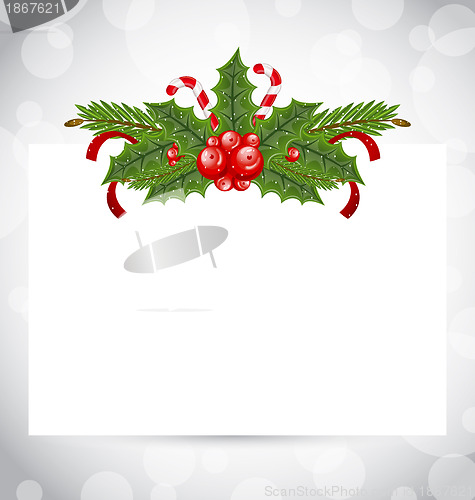 Image of Christmas elegant card with holiday decoration (holly berry, pin