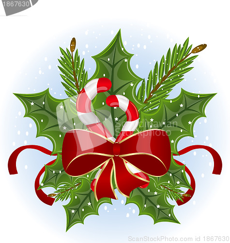 Image of Christmas holly berry branches and bow isolated - vector
