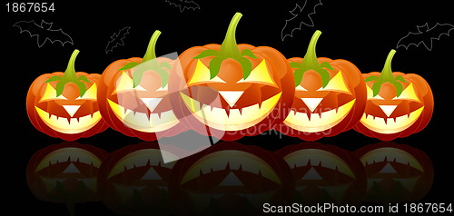 Image of Halloween pumpkins, Jack of the Lantern in  row  on black background, EPS10 