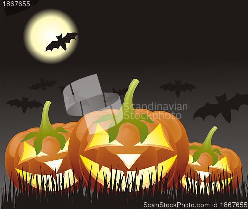 Image of Halloween pumpkins, Jack of the Lantern on night background with a moon