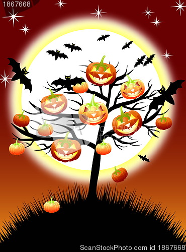 Image of Halloween pumpkins tree on night background with a moon, EPS10 