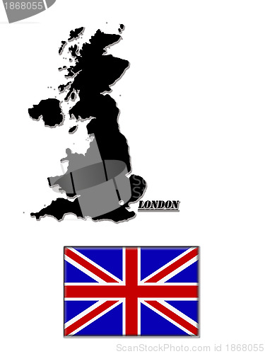 Image of Black map of Great Britain and its flag