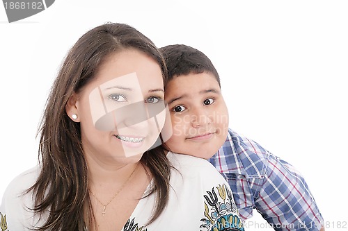 Image of Happy mother with orthodontics and son - isolated over a white b